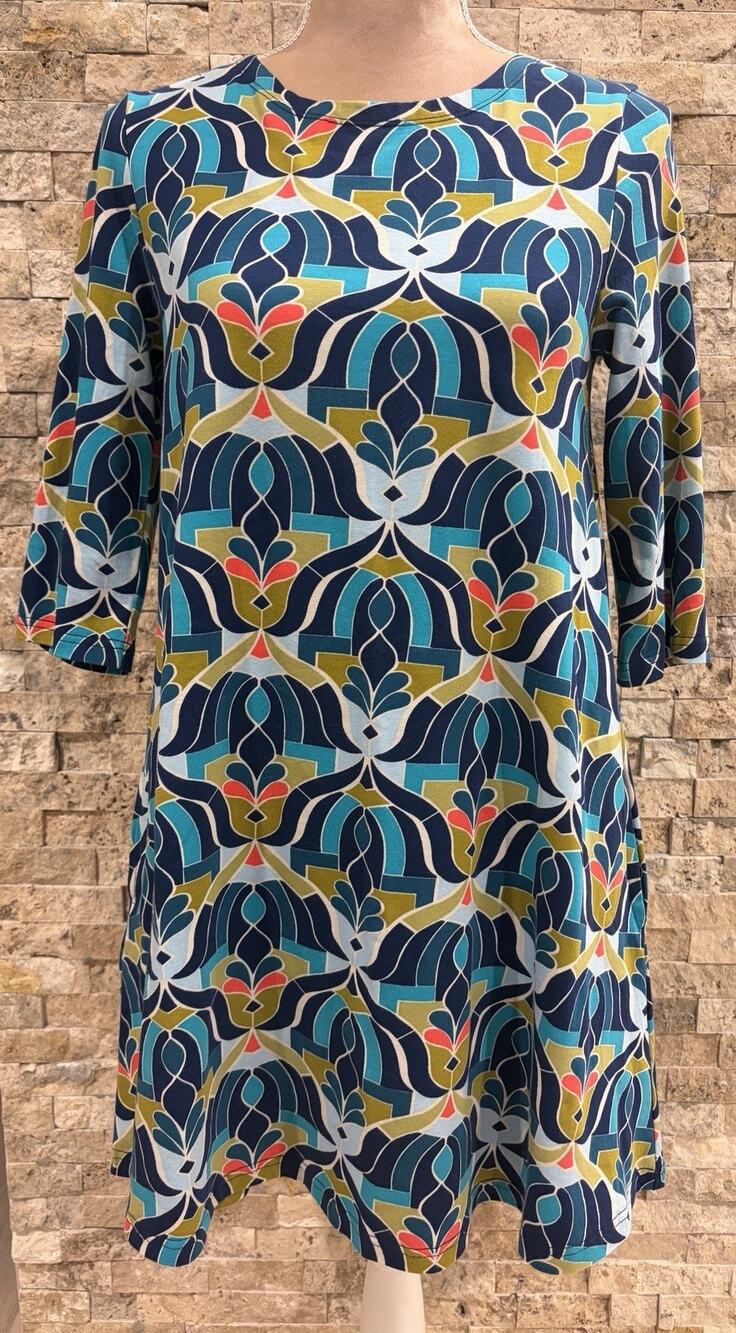 All For Color Womens XS Blue Geometric Print Shift Dress 3/4 Sleeve